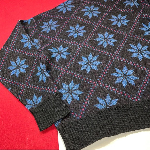 Snowflakes blue FAIR ISLE Black purple WOOL Sweater Geometric mens Medium 90s M - Picture 7 of 13